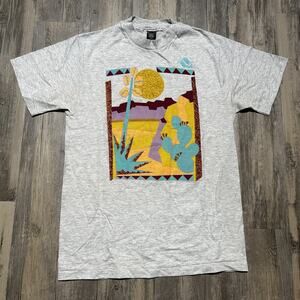90s Southwestern Desert Graphic Tee Vintage Large Gray Cactus Sun Retro